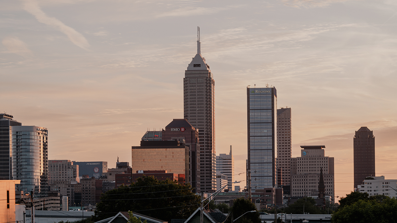 ndianapolis skyline at sunset featuring prominent high-rise buildings