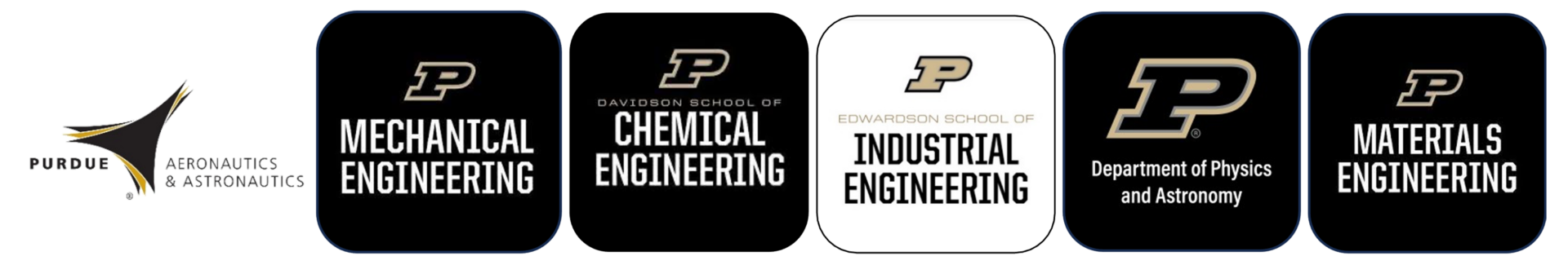 Logos representing Purdue University engineering disciplines: Aeronautics and Astronautics, Mechanical Engineering, Chemical Engineering, Industrial Engineering (highlighted), Physics and Astronomy, and Materials Engineering.