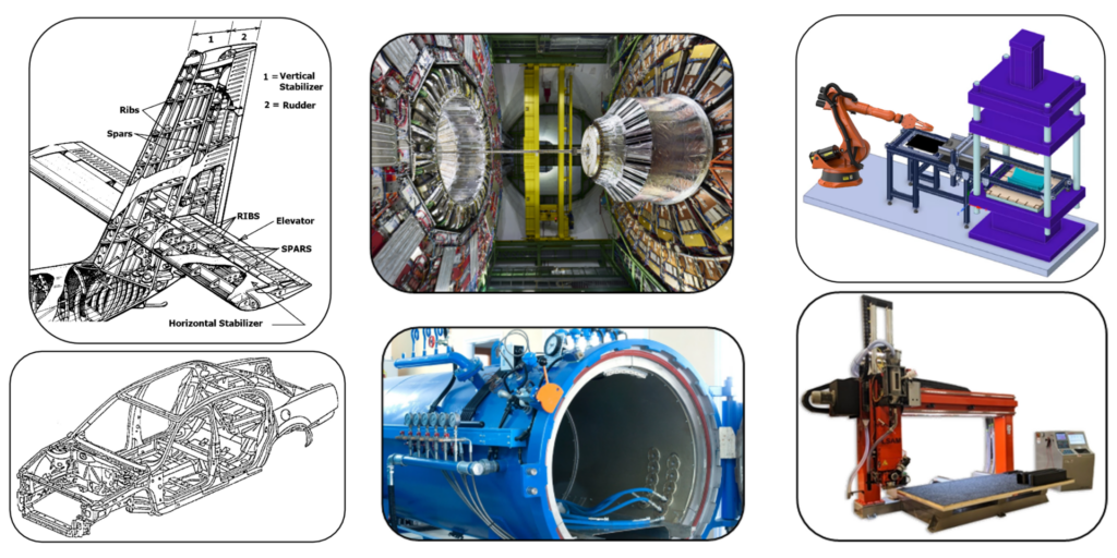 Aircraft composite tail structure drawing
Technical line drawing of an aircraft tail composite structure showing ribs, spars, and stabilizers.

Large experimental research facility
Interior view of a large-scale scientific research facility with cylindrical experimental apparatus.

Robotic composite manufacturing cell
Industrial robotic arm integrated with a composite manufacturing and press system.
Composite vehicle structure drawing
Technical line drawing of a composite vehicle or aircraft structural frame.

Composite curing autoclave
Industrial autoclave used for curing composite materials.

Automated composite fabrication system
Large gantry-style automated composite manufacturing machine.