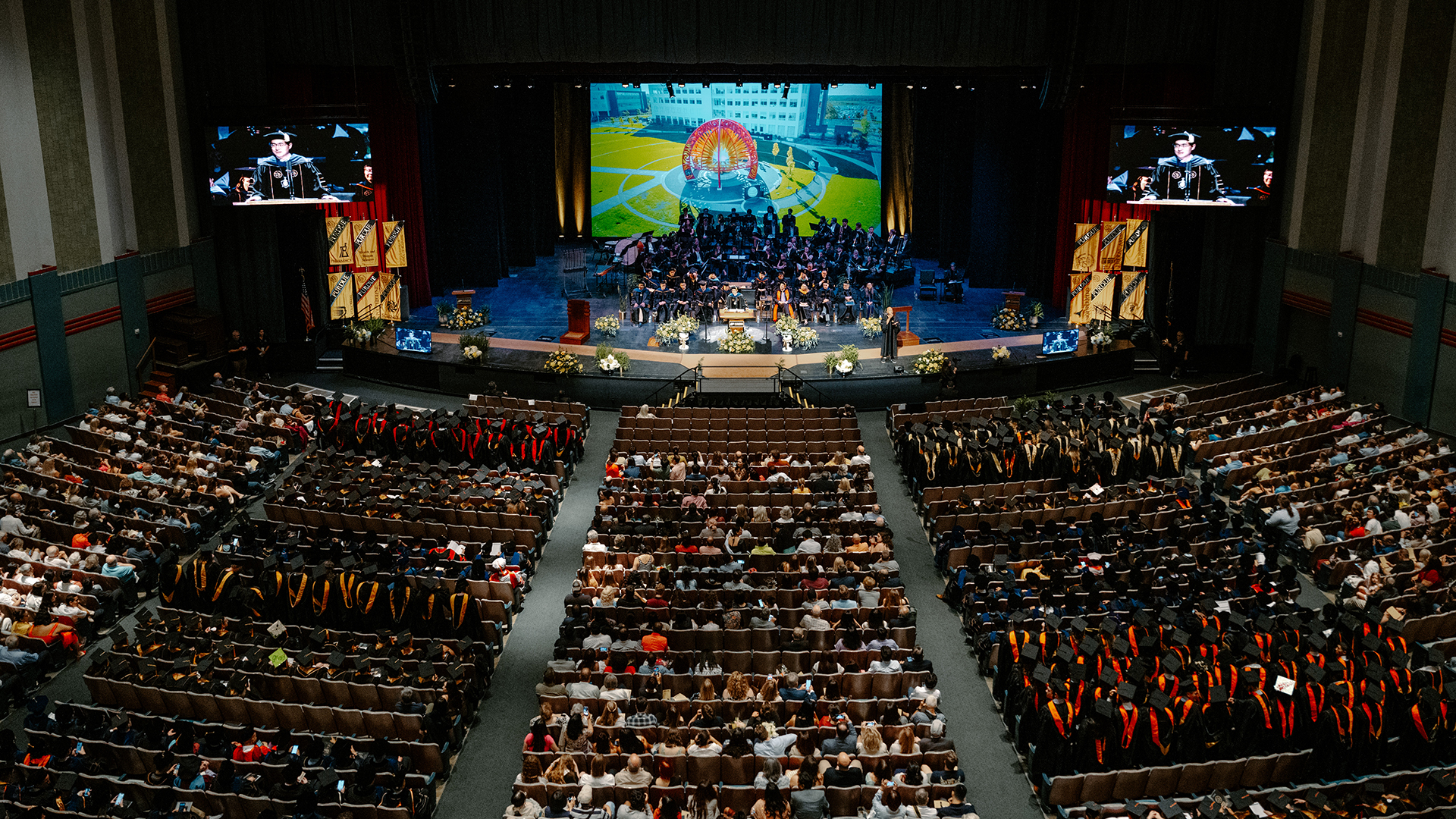 Overhead view of graduation ceremony in Elliott Hall of Music