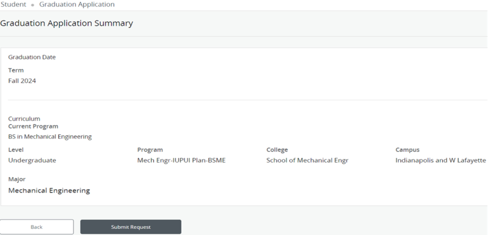 A screenshot of the Graduation Application Summary page showing Fall 2024 as the graduation term and curriculum details for a BS in Mechanical Engineering
