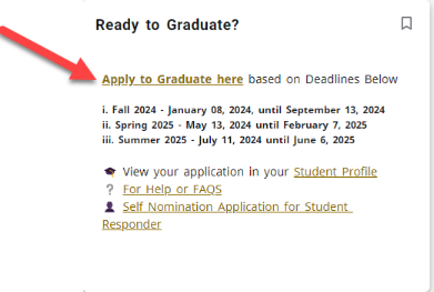 Screenshot of the Destination Graduation card in myPurdue highlighting the location to select Apply to Graduate.