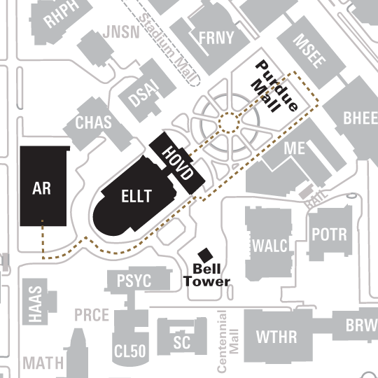 Diagram showing the standard commencement procession route on campus.