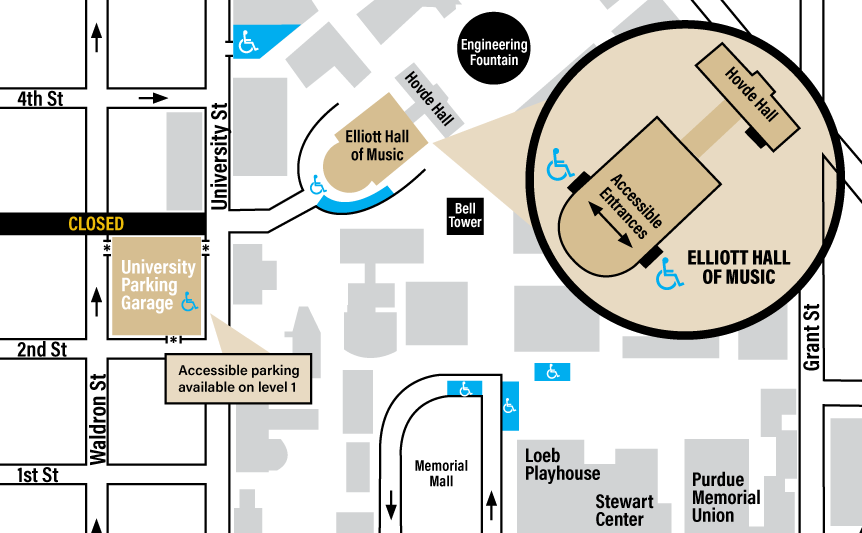 Diagram showing accessible parking and entrance for Elliott Hall of Music