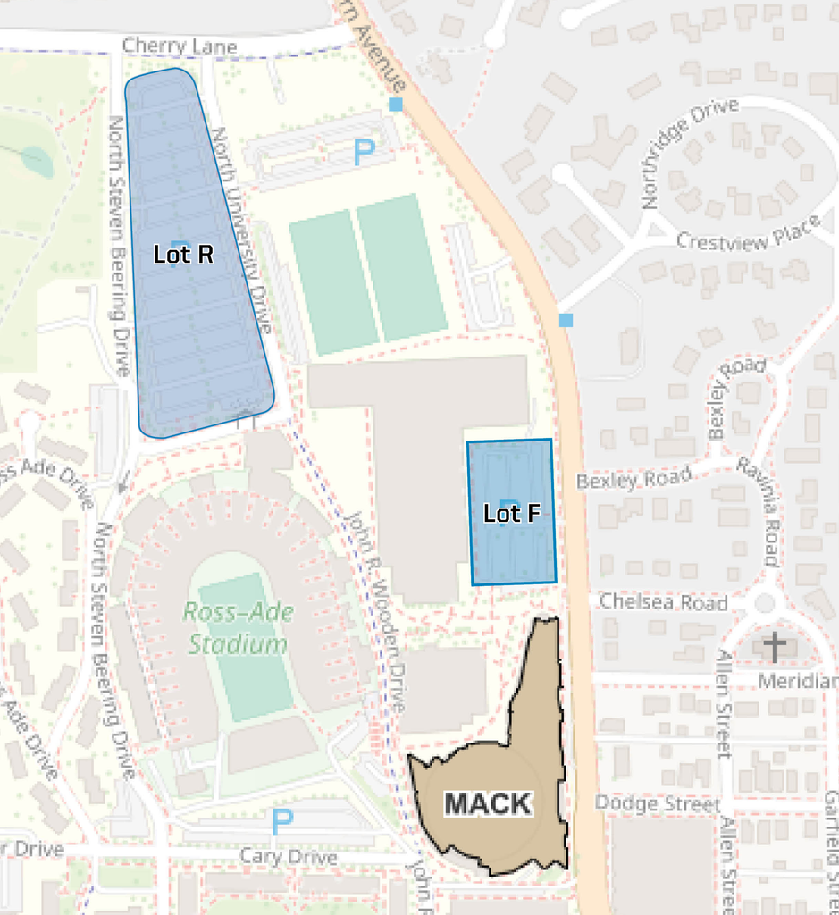 Map of campus showing Mackey Arena in gold and Lots F and R in blue.