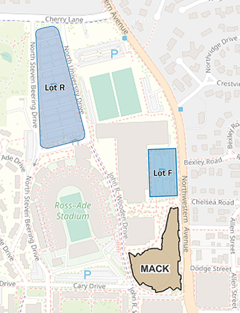 Campus map with Mackey Arena highlighted in gold and Lots R and F in blue.