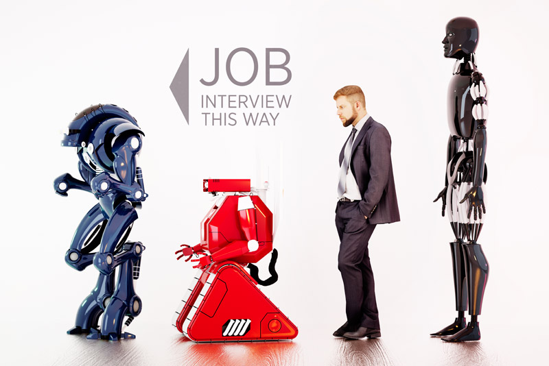 Image of a human and several robots in line for job interviews