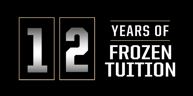 Graphic text reading, "12 years of frozen tuition"