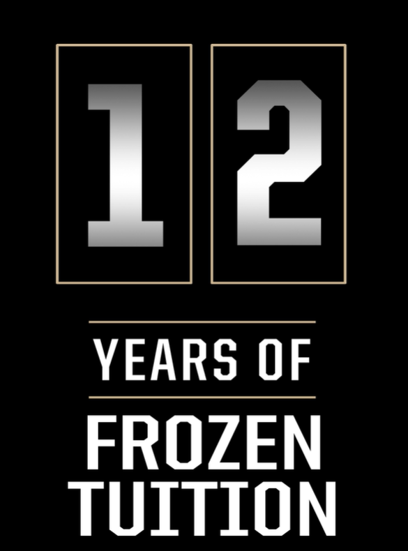 Graphic text image that states 12 years of frozen tuition