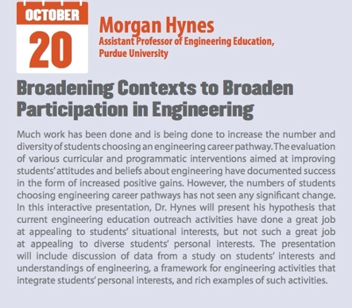 October 20: Morgan Hynes presents "Broadening Contexts to Broaden Participation in Engineering".