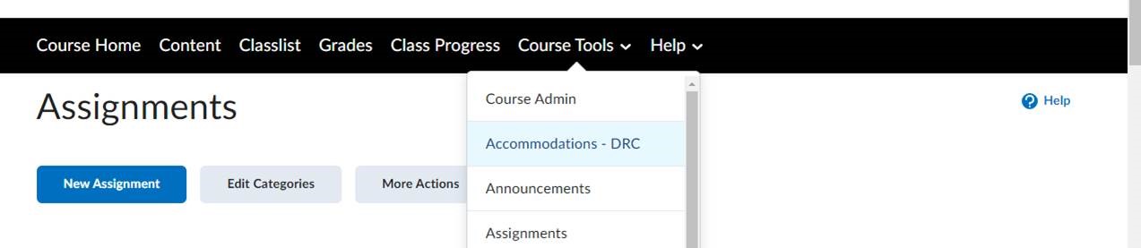 Brightspace course navigation showing the Course Tools menu and the Accommodations - DRC option.