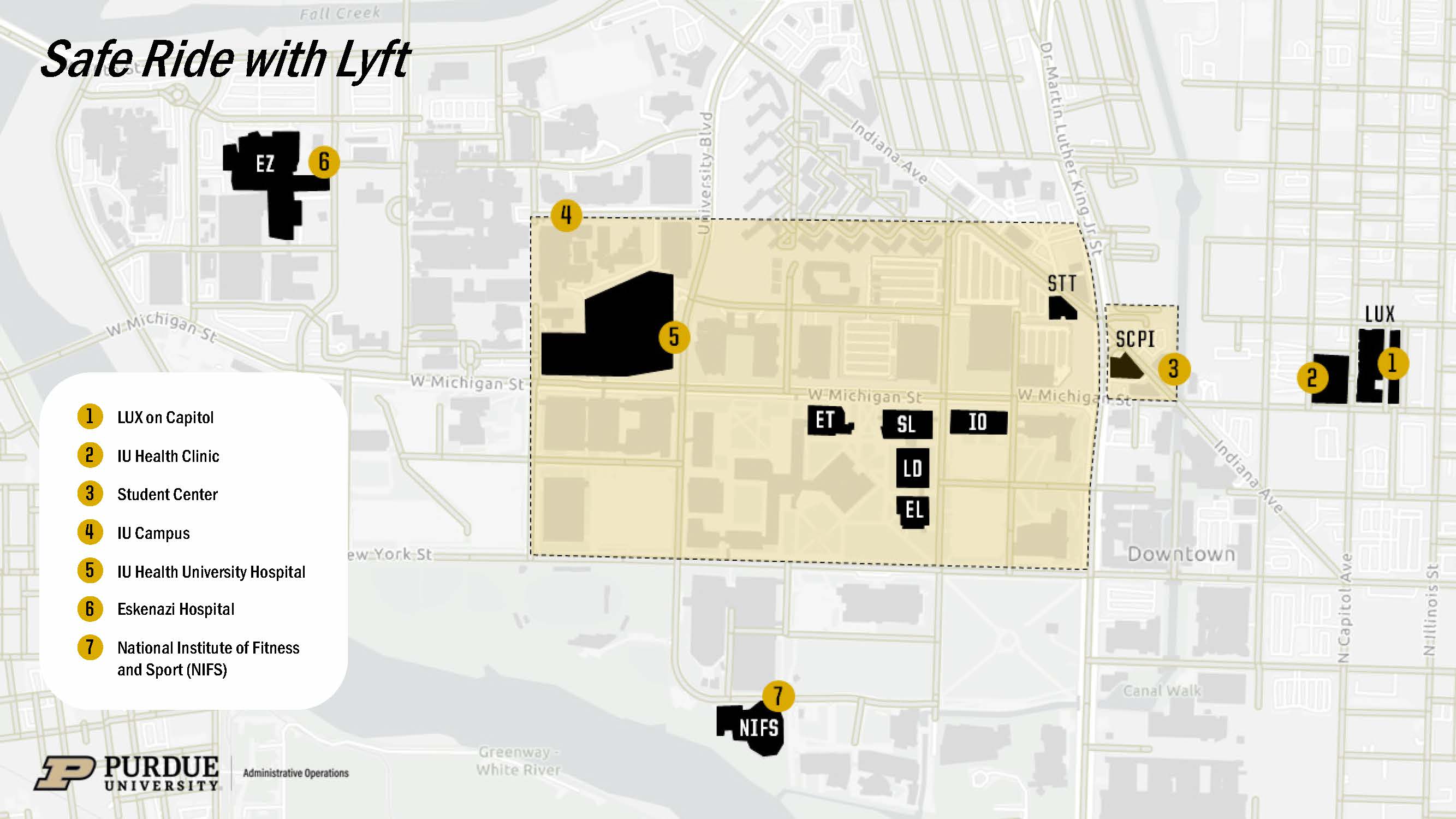 This map outlines the geo-fenced area of the Indianapolis campus and includes locations for Lux on Capitol,  the IU Health Clinic, Student Center, IU Health University Hospital, Eskenazi Hospital and the National Institute of Fitness and Sport.