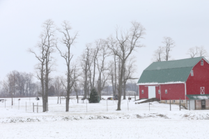 farm scene with barn and snow