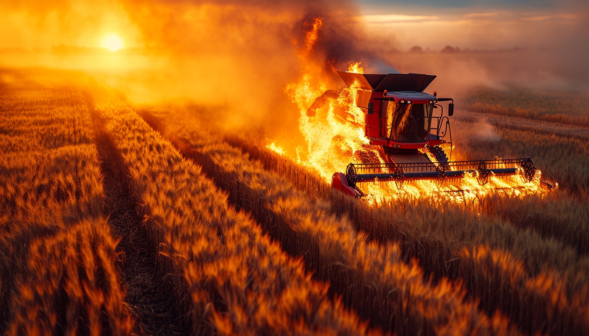 Picture of combine burning in grain field