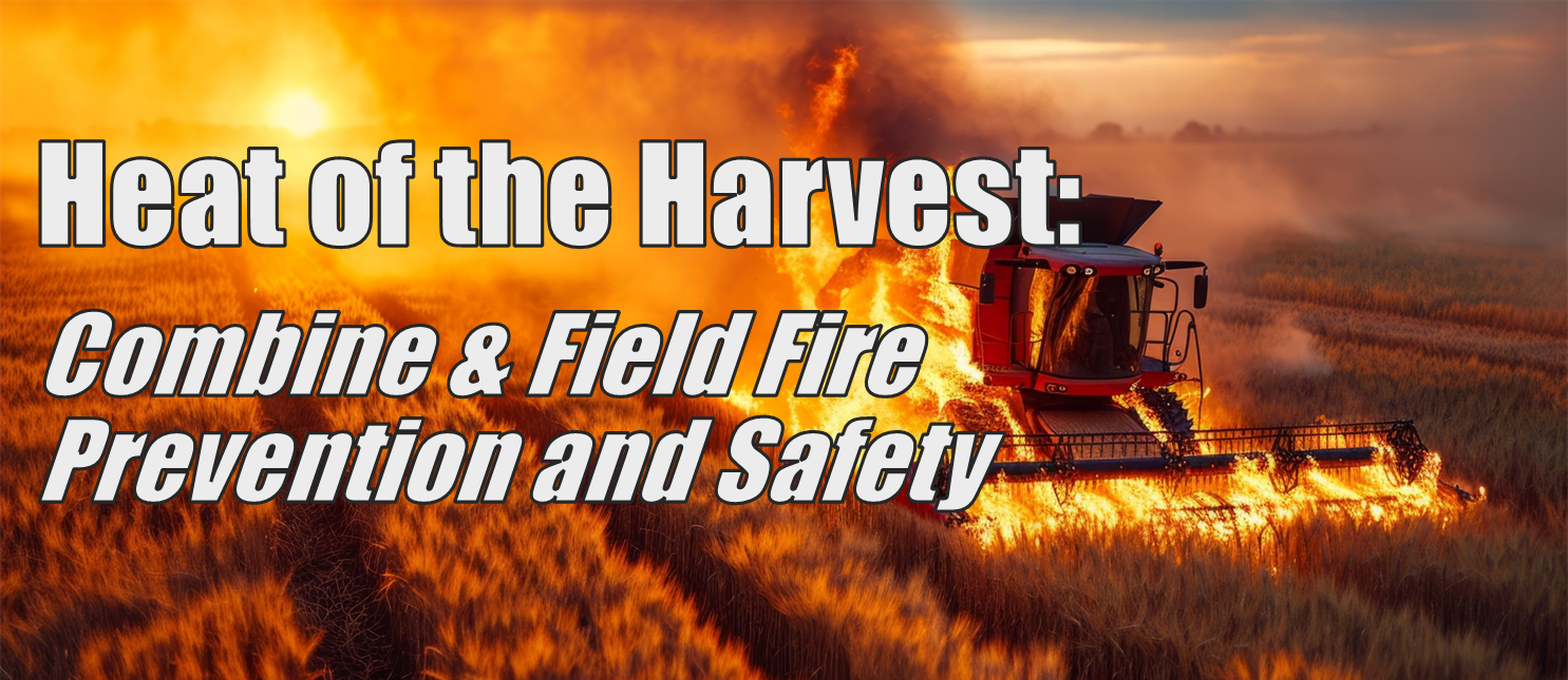 Title banner image showing burning combine with text Heat of the Harvest: Combine & Field Fire Prevention and Safety