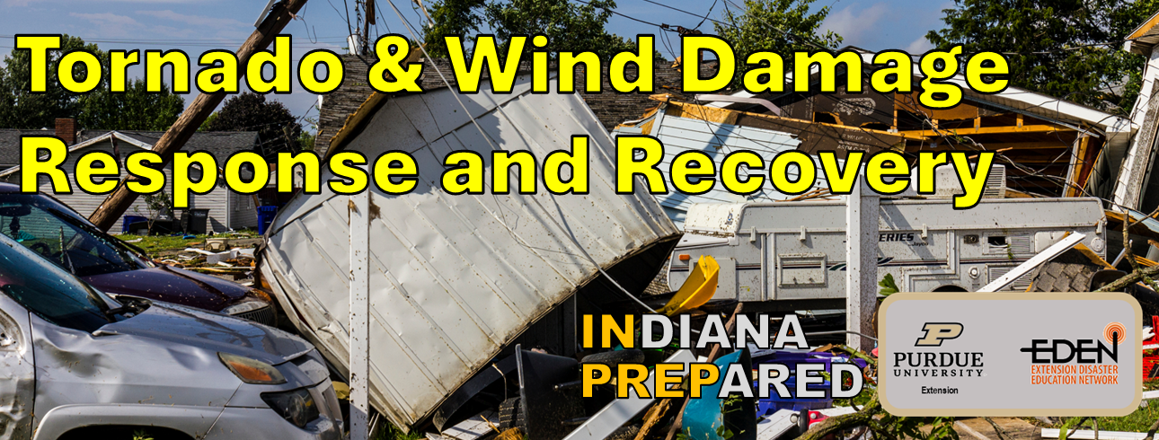 Title banner "Tornado and Wind Damage Response and Recovery". Background picture of tornado damage to home and cars.
