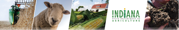 Indiana State Department of Agriculture banner with grain combine, sheep, ear corn, and soil picture