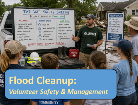 Image with group of youth and adults receiving a safety briefing before a flood cleanup