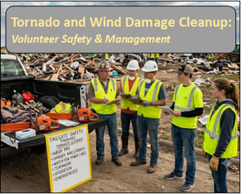 Image of tailgate tornado cleanup safety briefing with several volunteers