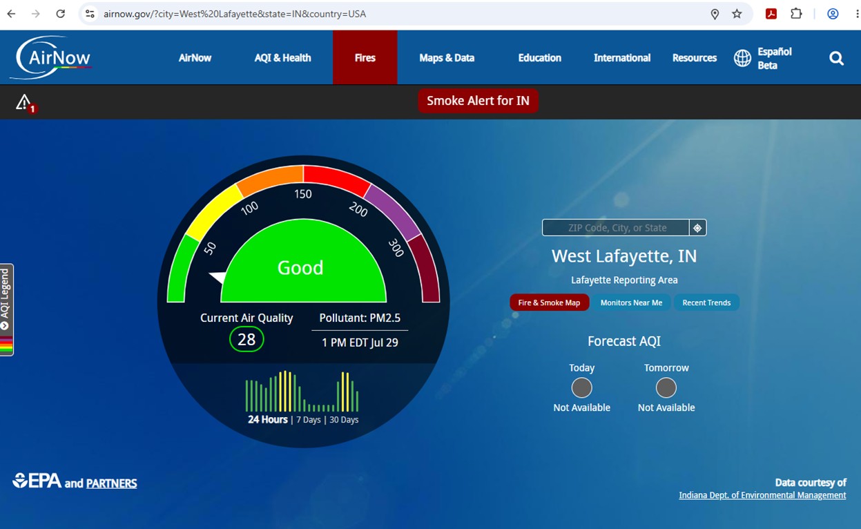 Screen shot and link to www.airnow.gov