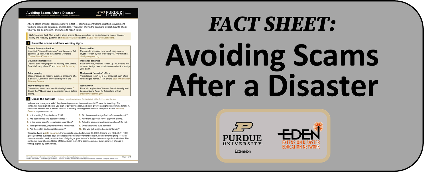 Image link to fact sheet "Avoiding Scams after Disaster"