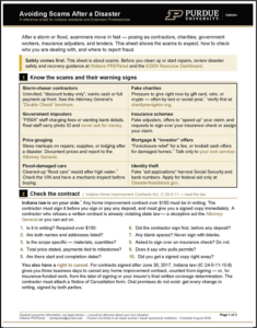 Cover image of "Avoiding Scams after Disaster". Image is link to pdf.