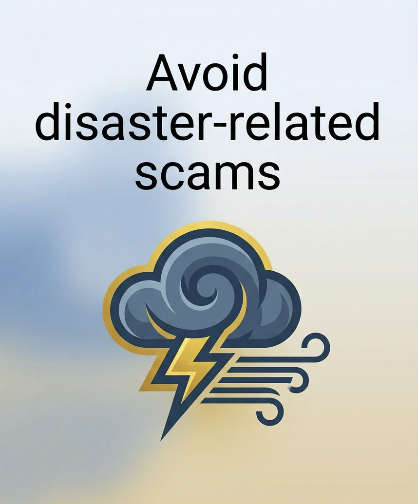 Logo with text "Avoid Diaster Related Scams"