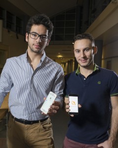 The student startup Socio Labs LTD is revolutionizing the way information can be exchanged through a "digital handshake." Purdue University students and co-founders are from left: Yarkin Sakucoglu, CEO and a sophomore in Purdue Polytechnic Institute, and Alihan Ozbayrak, a senior in computer science and civil engineering.