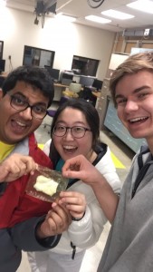 Harshit Kapoor, Xuan Luo and Andrew Cameron pose with their product SoyPods. The team placed third in the Soybean Product Innovation Competition.