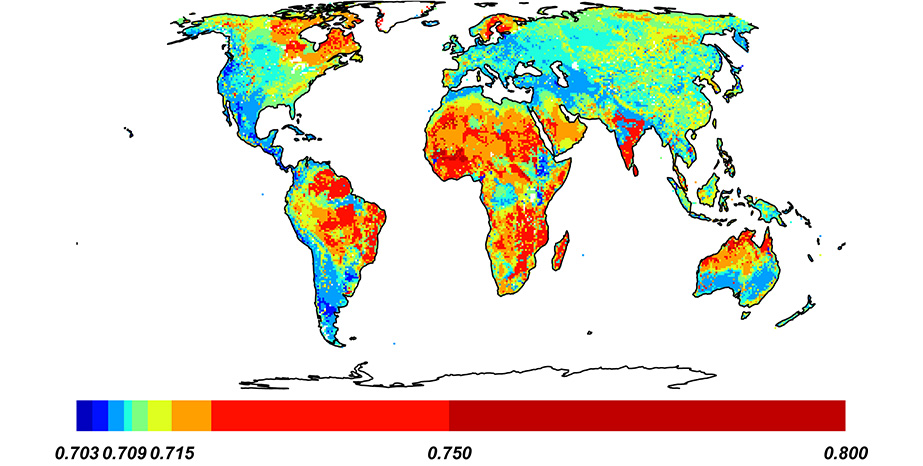 Global bioavailable strontium isoscape built using machine-learning regression (from Bataille et al. 2020).