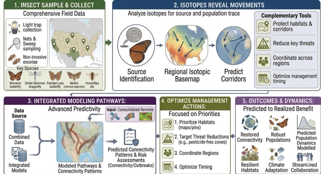 Integrated modeling framework linking insect movement pathways to management outcomes. See caption for more details.