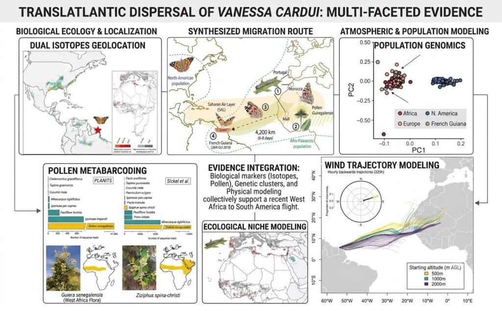 Multi-disciplinary evidence supporting the transatlantic dispersal of the Painted Lady butterfly (Vanessa cardui). See caption for more details.
