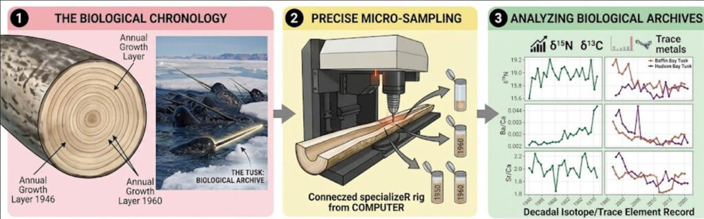 Workflow for reconstructing environmental histories from tusk biological archives. See caption below for more details.