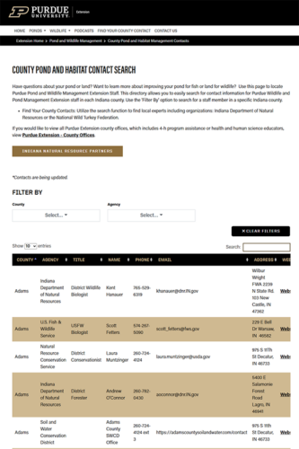Pond and Wildlife Management website with contact professional list.