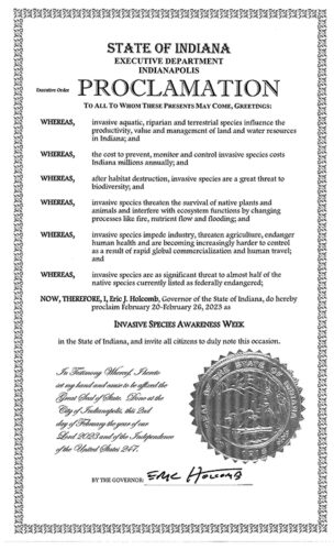 State of Indiana Executive Department Indianapolis, Invasive Species Proclamation 2023, Feb. 20-26th.