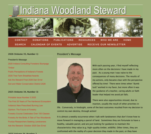 Screenshot of the Indiana Woodland Steward Newsletter, Volume 1 of 2026.