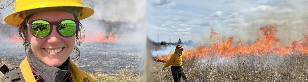 On the left, Danielle Howard faces front and stands in front of a field on fire from a prescribed burn. On the right, Danielle Howard holds a torch in the distance by a field on fire from a prescribed burn.