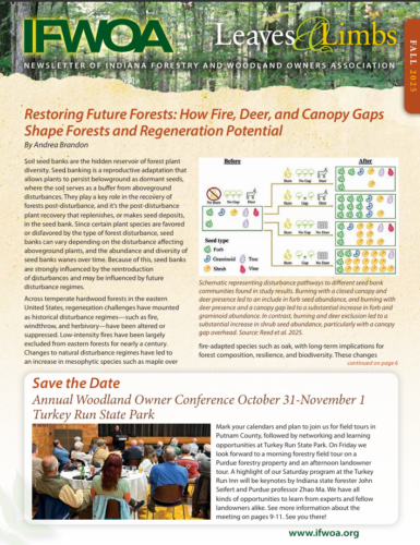 Indiana Forestry & Woodland Owners Association 2025 Fall Newsletter cover of Leaves & Limbs.