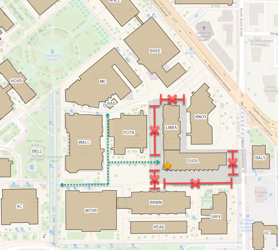 Map that shows the building entrance. Entry is on the west end of Dudley Hall, accessible by either walking south between the Wilmeth Active Learning Center and Potter Engineering Center or by walking east between the Wilmeth Active Learning Center and Brown Hall.