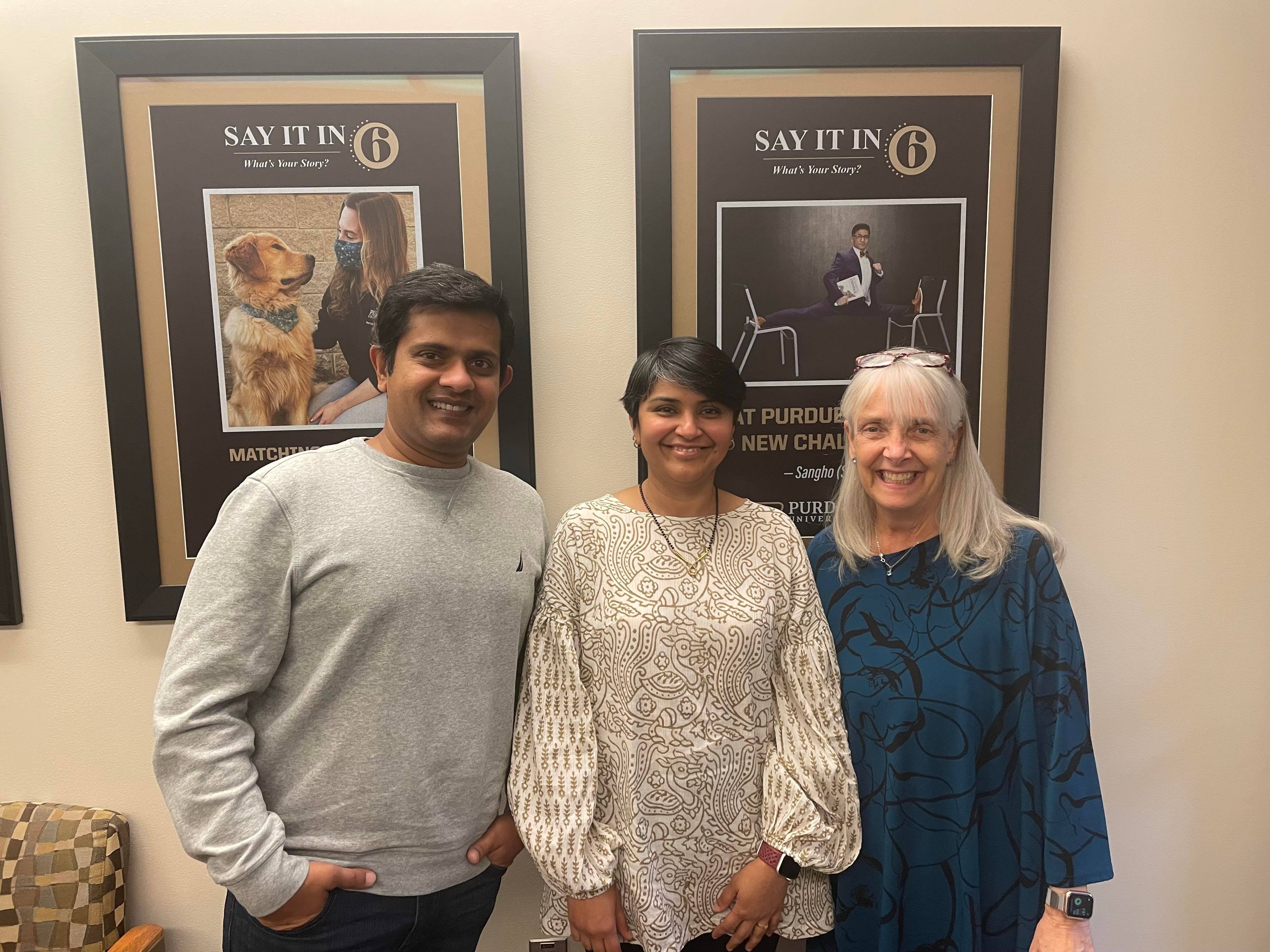 Mayank Aggarwal (left), Vandana Aggarwal (center), and Dean Linda Mason (right) meet to discuss graduate education at Purdue 