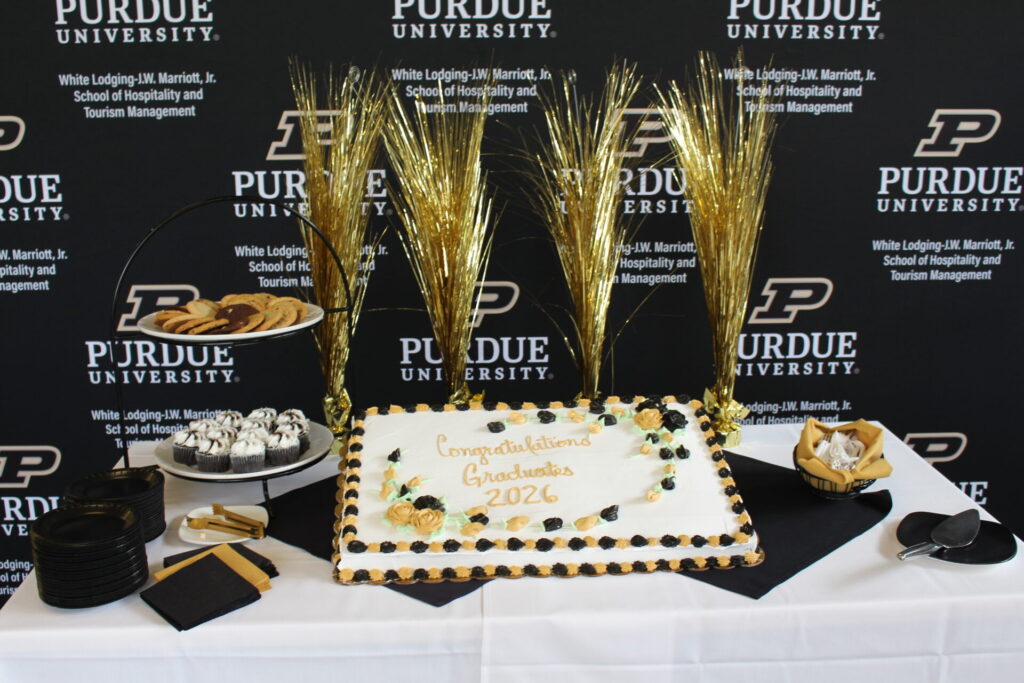 Scenes from Purdue HTM commencement and reception featuring graduates from undergraduate, master’s, and PhD programs.