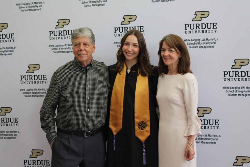 Scenes from Purdue HTM commencement and reception featuring graduates from undergraduate, master’s, and PhD programs.