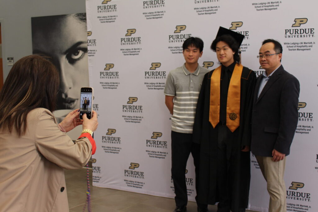 Scenes from Purdue HTM commencement and reception featuring graduates from undergraduate, master’s, and PhD programs.