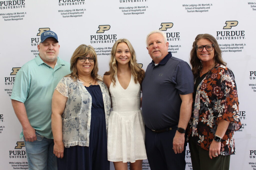 Scenes from Purdue HTM commencement and reception featuring graduates from undergraduate, master’s, and PhD programs.