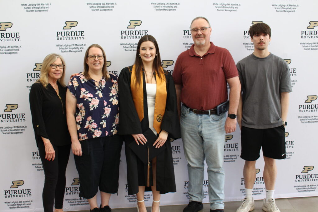 Scenes from Purdue HTM commencement and reception featuring graduates from undergraduate, master’s, and PhD programs.