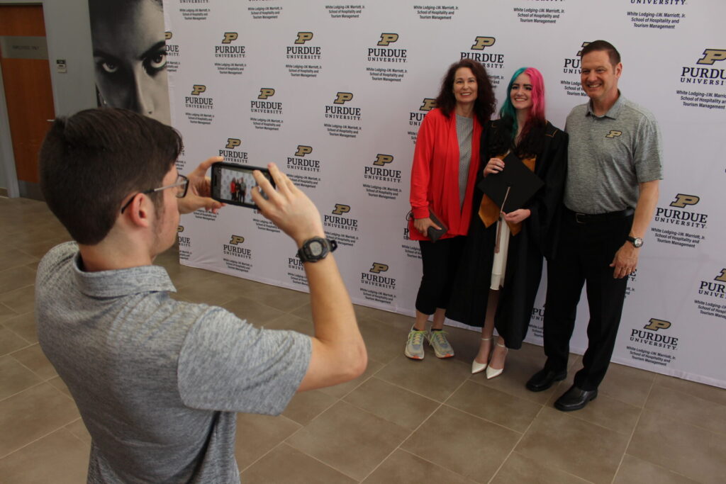 Scenes from Purdue HTM commencement and reception featuring graduates from undergraduate, master’s, and PhD programs.