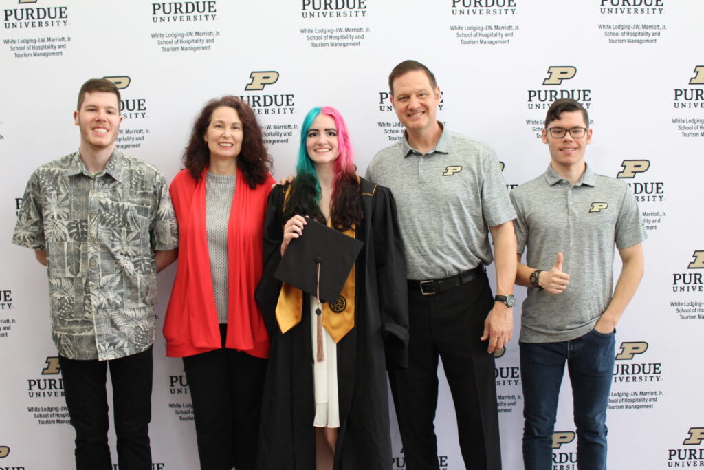 Scenes from Purdue HTM commencement and reception featuring graduates from undergraduate, master’s, and PhD programs.