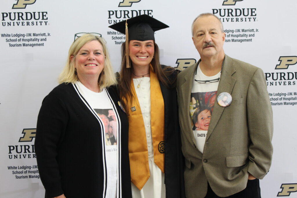 Scenes from Purdue HTM commencement and reception featuring graduates from undergraduate, master’s, and PhD programs.