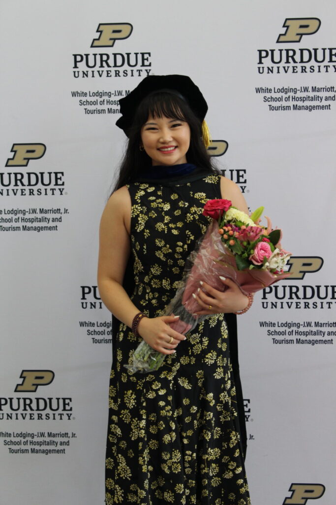 Scenes from Purdue HTM commencement and reception featuring graduates from undergraduate, master’s, and PhD programs.