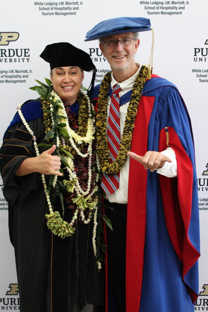 Scenes from Purdue HTM commencement and reception featuring graduates from undergraduate, master’s, and PhD programs.